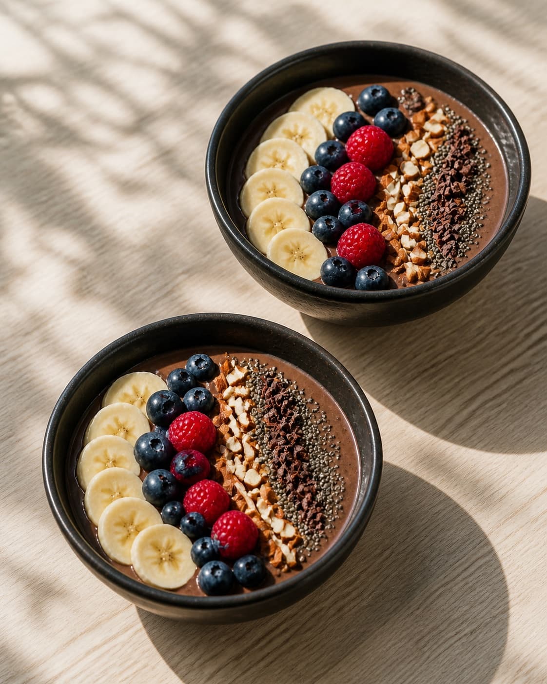 Exactly two finished cocoa smoothie bowls, each topped with banana slices fresh berries chopped almonds cocoa nibs and chia seeds, no extra bowls cups or spoons under tilberedningen af kakaobowl