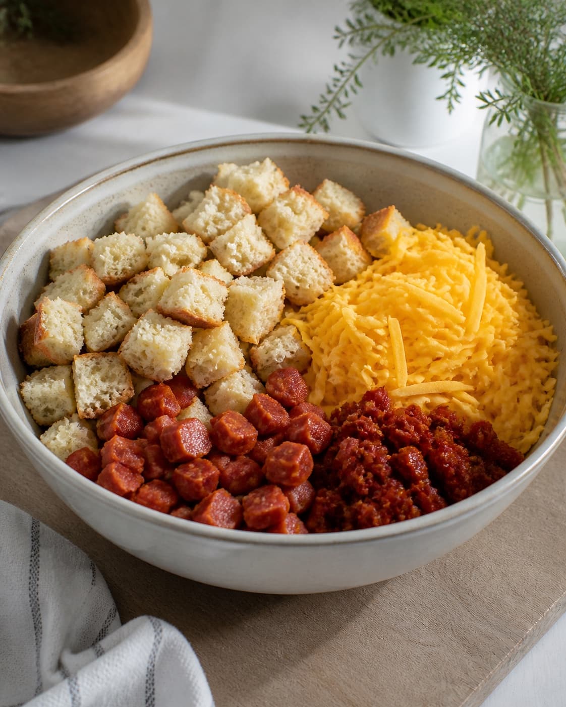 One large bowl of bread cubes, diced chorizo, grated cheddar and finely chopped sun-dried tomatoes, no egg mixture or baking tin under tilberedningen af strata med æg og chorizo
