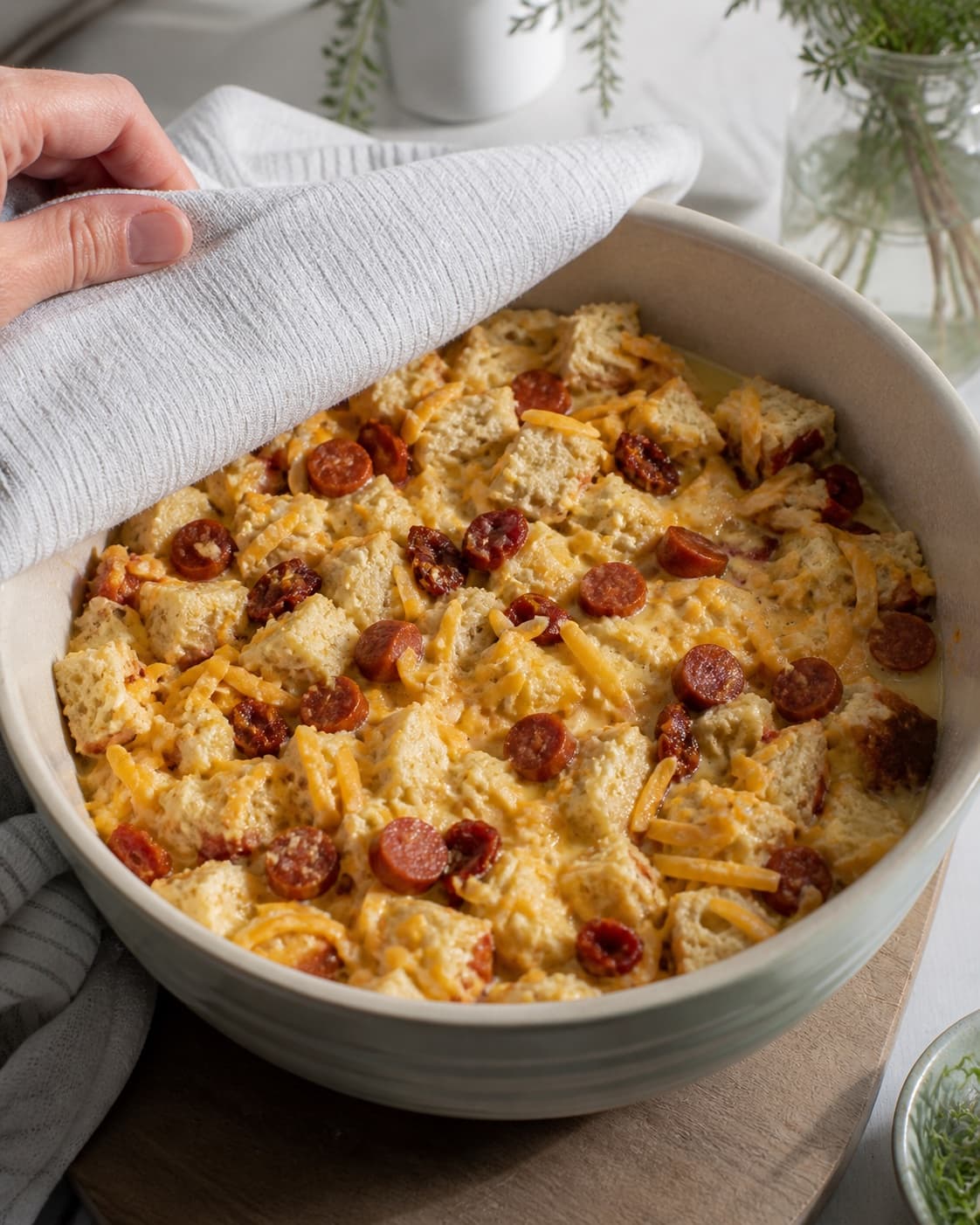 One covered bowl with soaked bread mixture visibly containing chorizo, cheddar and sun-dried tomatoes, no baking tin or baked crust under tilberedningen af strata med æg og chorizo