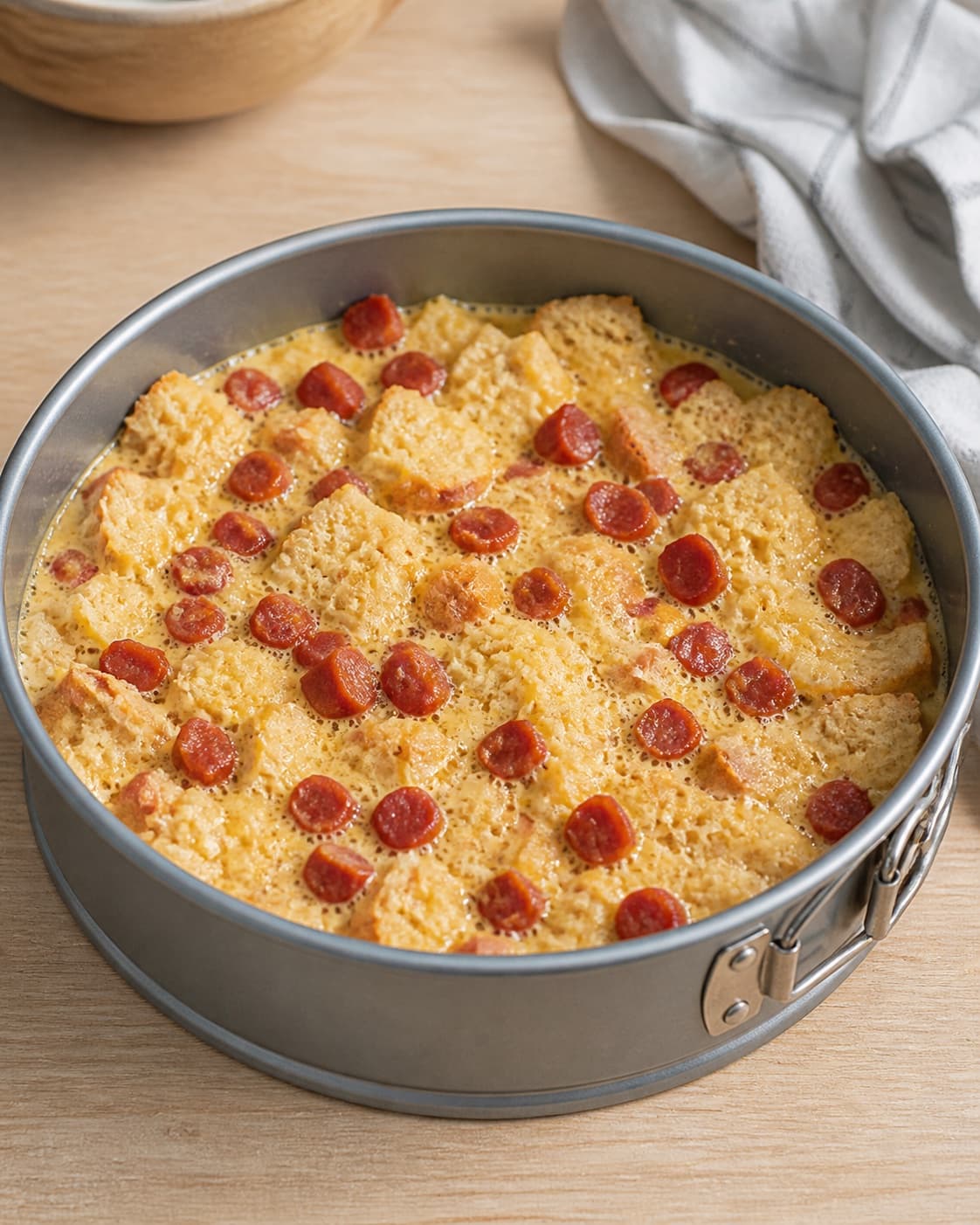 One round springform filled evenly with raw moist bread-and-egg strata mixture, no baked golden crust herbs or serving plate under tilberedningen af strata med æg og chorizo