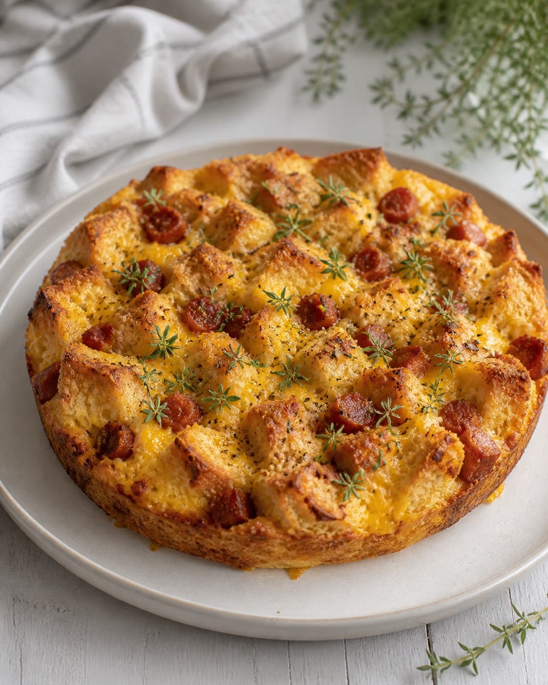 One finished round golden strata with visible chorizo and cheddar, topped with fresh green thyme or parsley on one serving plate, no extra dishes under tilberedningen af strata med æg og chorizo