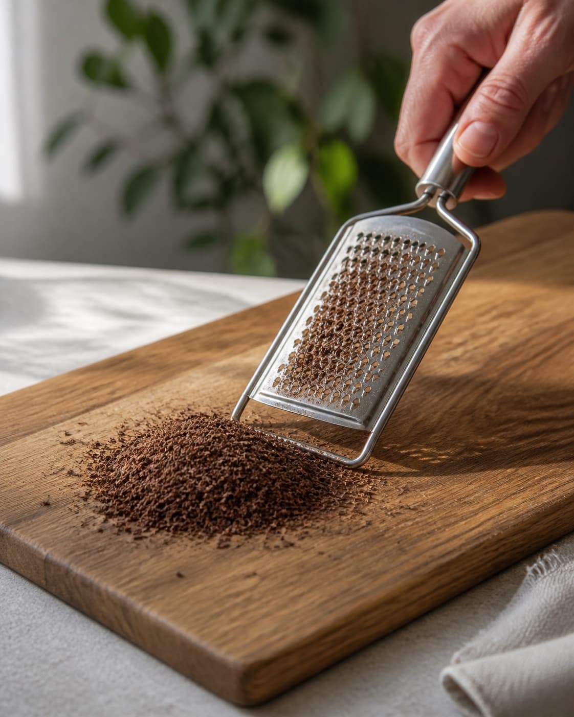 One small pile of very finely grated dark chocolate on a board, no cocoa sugar spices milk or mug under tilberedningen af kakaopulver til varm kakaomælk