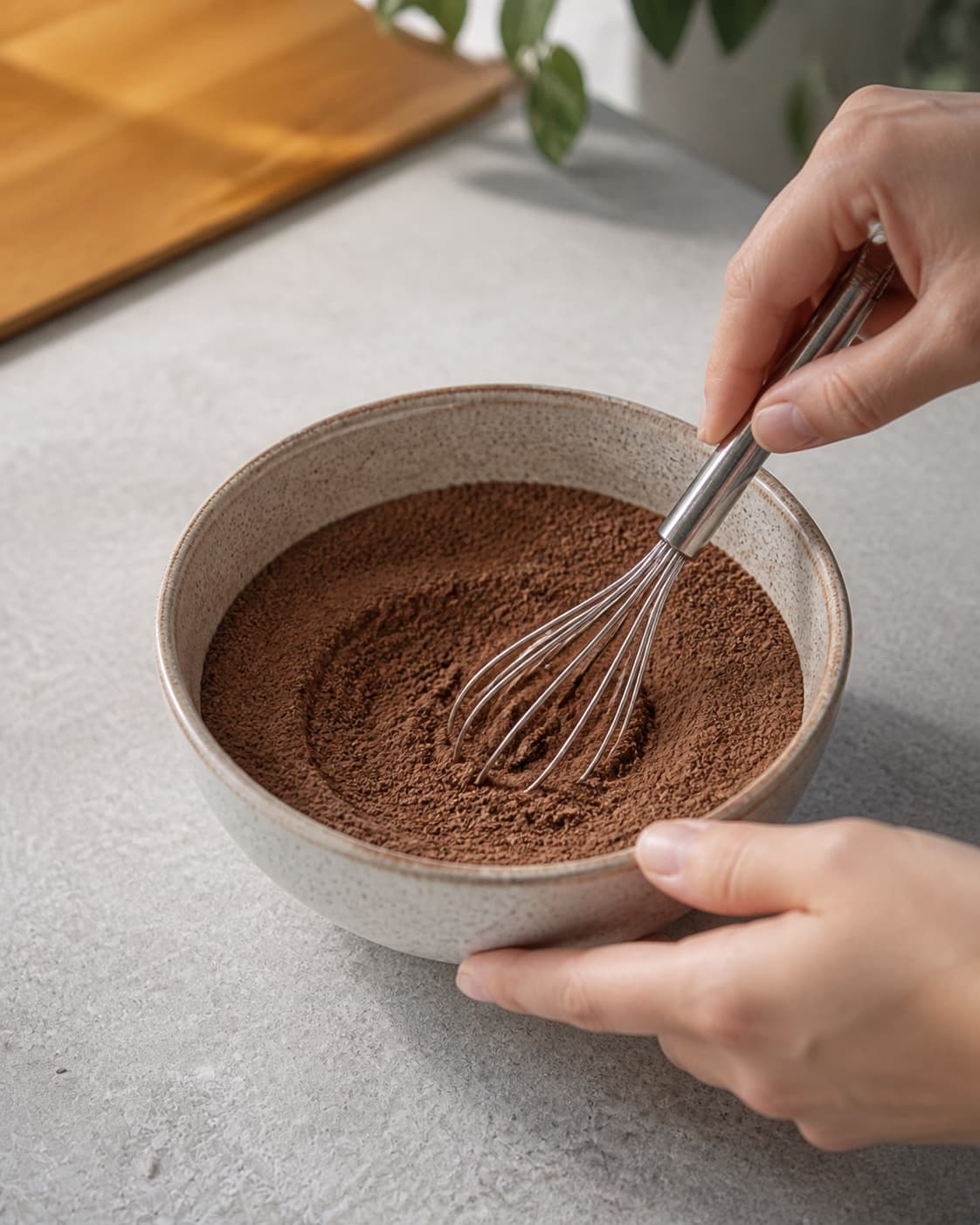One bowl of uniform dry dark-brown homemade cocoa mix, no jar milk mug or loose ingredients under tilberedningen af kakaopulver til varm kakaomælk