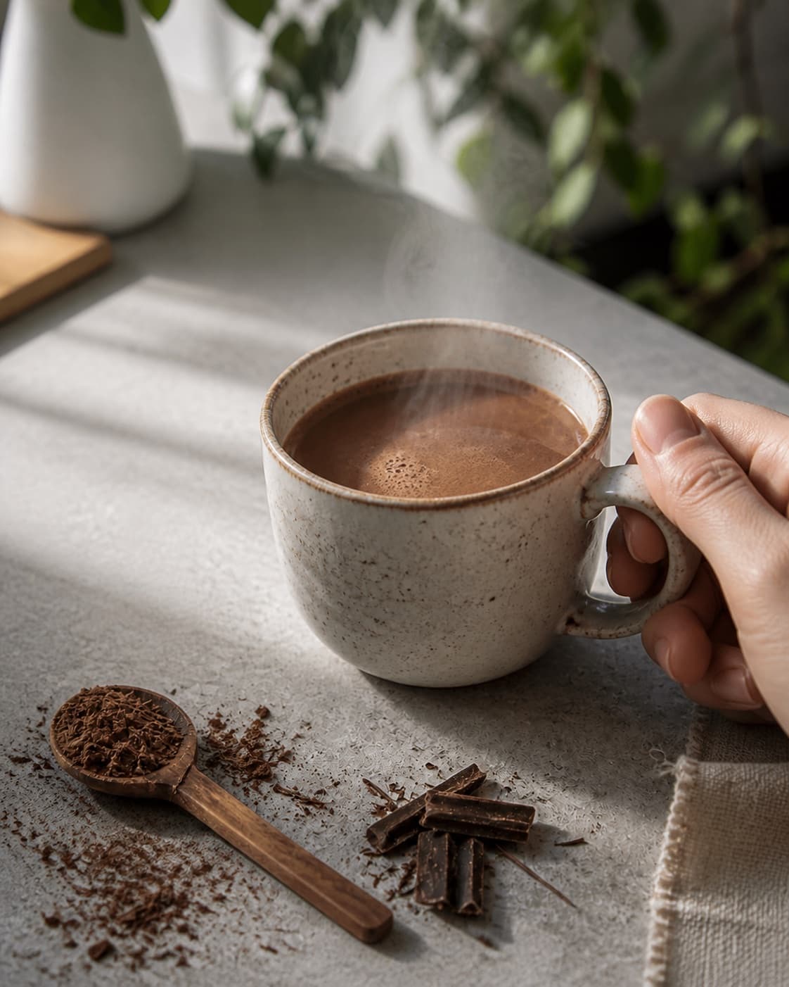 One single mug of hot dark cocoa milk with gentle steam, no whipped cream marshmallows extra mugs or jar under tilberedningen af kakaopulver til varm kakaomælk