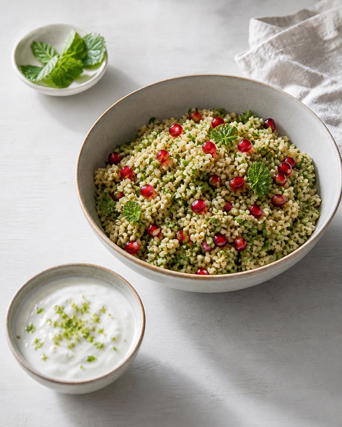 One bowl of fluffy bulgur flecked with chopped green herbs and pomegranate seeds beside one small bowl of lemon yogurt, no aubergines under tilberedningen af bagte auberginer med bulgur