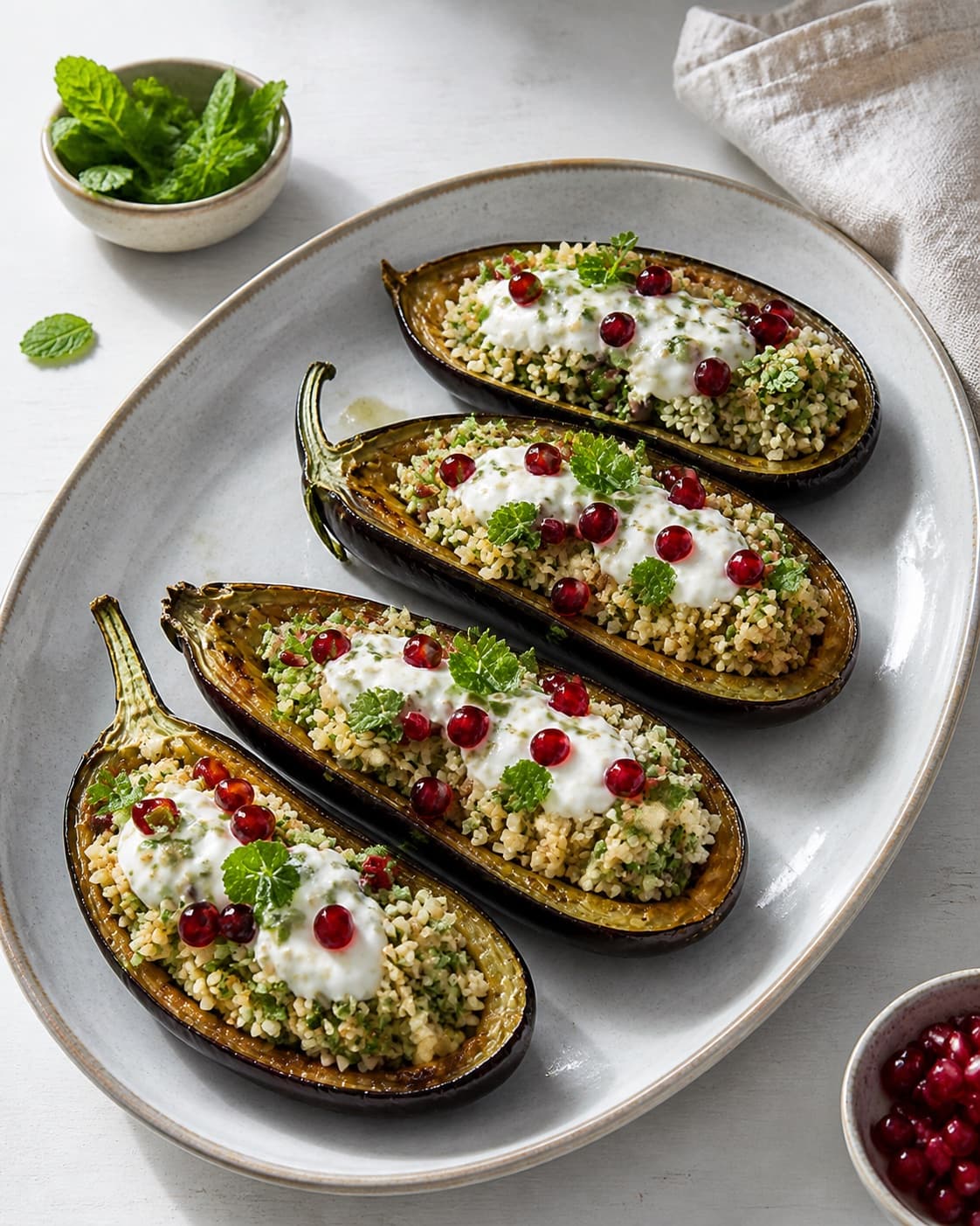 Exactly four filled baked aubergine halves topped with herbed bulgur, pomegranate seeds and lemon yogurt on one serving platter, all four visible under tilberedningen af bagte auberginer med bulgur