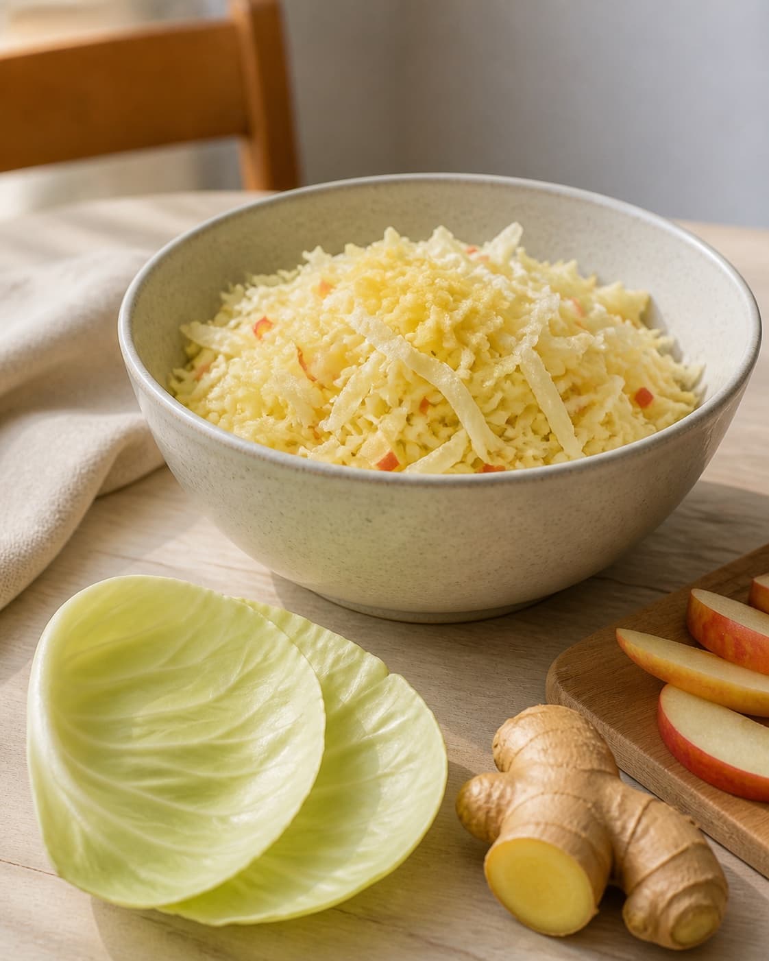 One large bowl of coarsely shredded cabbage, apple and ginger beside exactly two whole clean cabbage leaves, no salt jar or liquid under tilberedningen af fermenteret kål med ingefær og æble - kraut