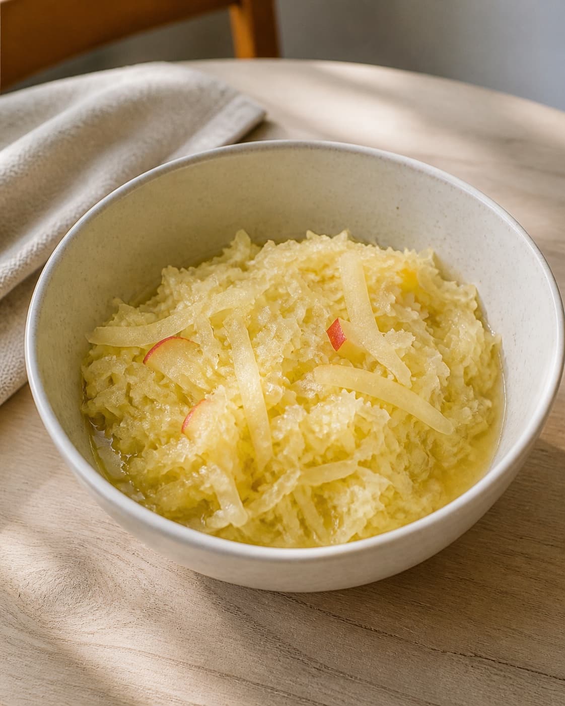 One large bowl of salted shredded cabbage, apple and ginger beginning to glisten and soften, no jar hands or loose ingredients under tilberedningen af fermenteret kål med ingefær og æble - kraut