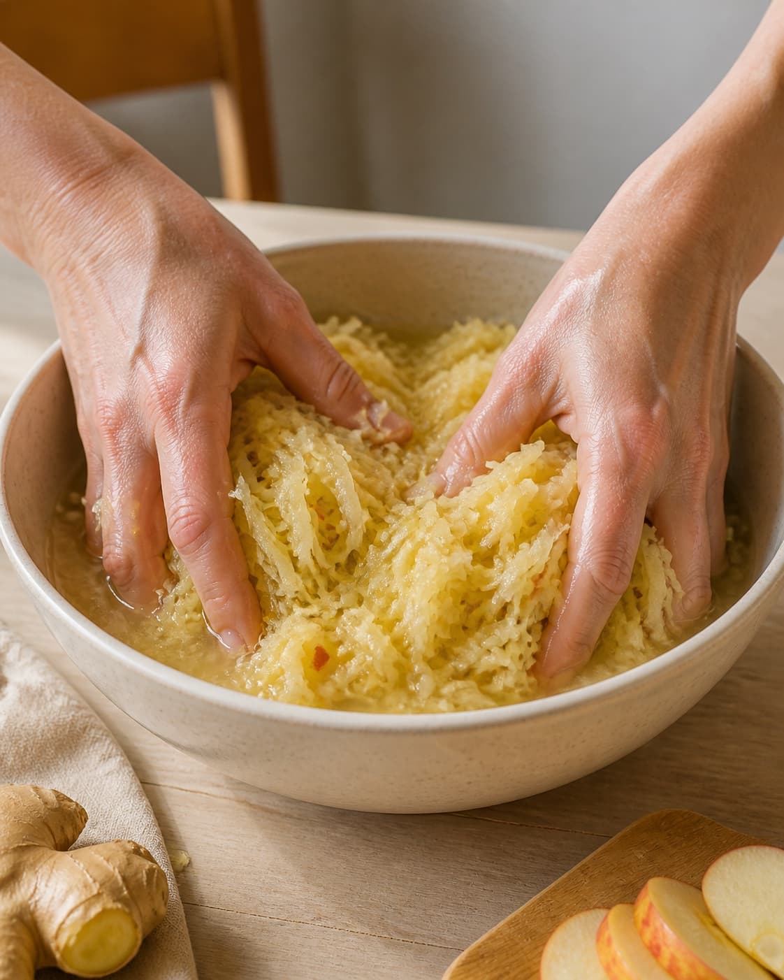 Two clean hands firmly massaging softened glossy shredded cabbage in one large bowl with abundant natural brine visible, no jar under tilberedningen af fermenteret kål med ingefær og æble - kraut