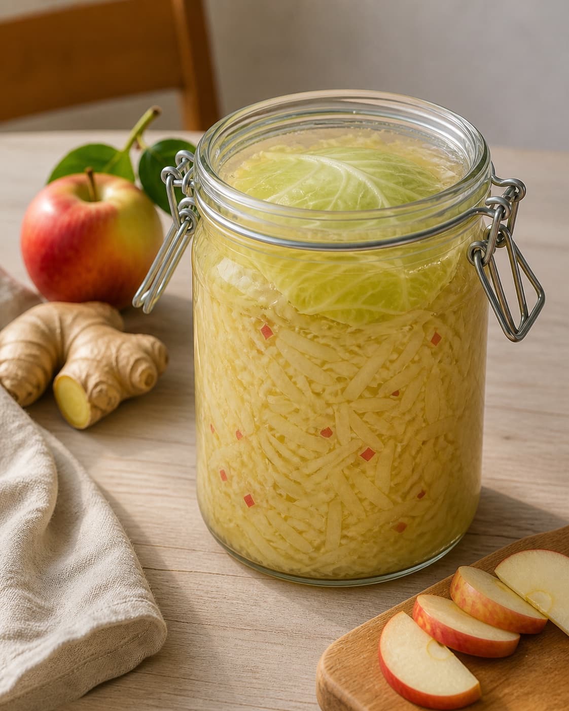 One clean two-litre clamp-top jar tightly packed with cabbage apple and ginger fully submerged beneath visible brine, whole cabbage leaf on top, no open dry pieces under tilberedningen af fermenteret kål med ingefær og æble - kraut