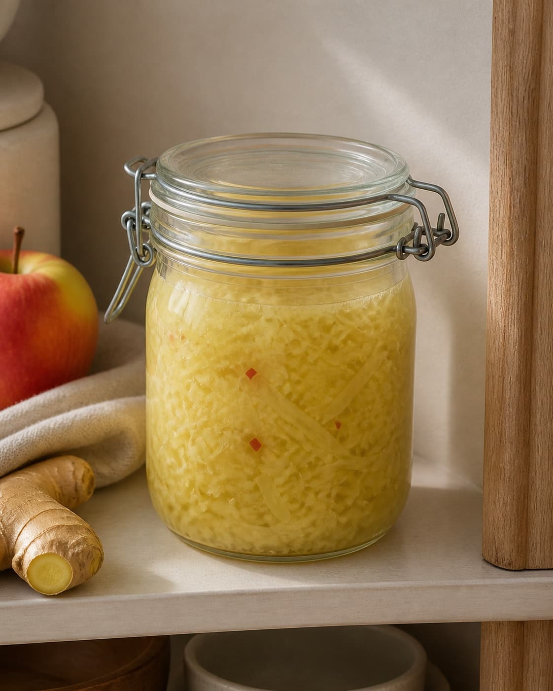 One closed clamp-top jar of finished lightly bubbling fermented cabbage kraut fully beneath brine on a clean cool kitchen shelf, no bowls or serving plate under tilberedningen af fermenteret kål med ingefær og æble - kraut
