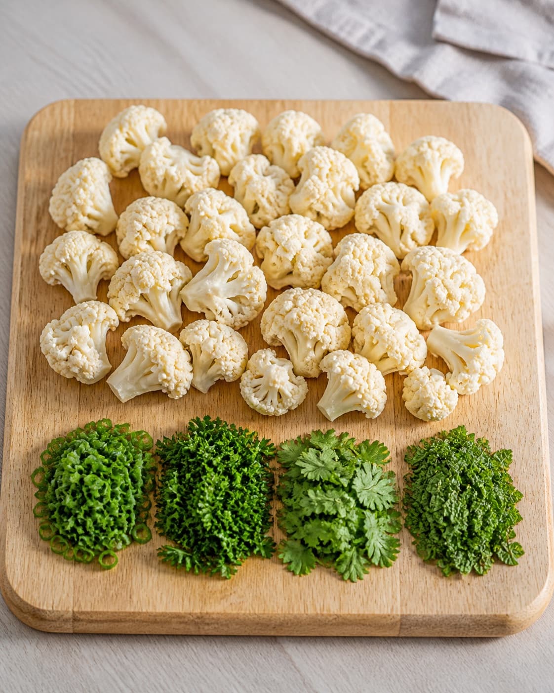 One board with evenly sized raw cauliflower florets and separate small piles of chopped spring onion, parsley, coriander and mint, no dressing pomegranate or pan under tilberedningen af stegt blomkål med tahin og granatæble
