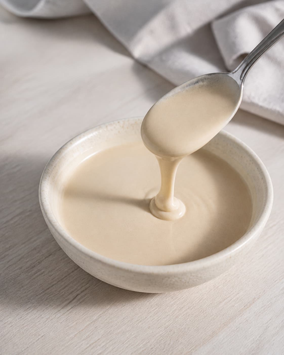 One small bowl of smooth pale-beige tahini dressing with thick flowing honey consistency, no cauliflower herbs pomegranate or extra bowls under tilberedningen af stegt blomkål med tahin og granatæble