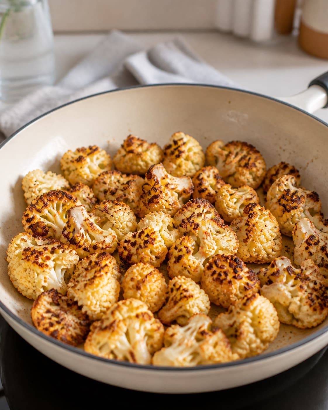 One large skillet of golden pan-seared cauliflower florets with browned edges, no dressing herbs pomegranate or serving plate under tilberedningen af stegt blomkål med tahin og granatæble
