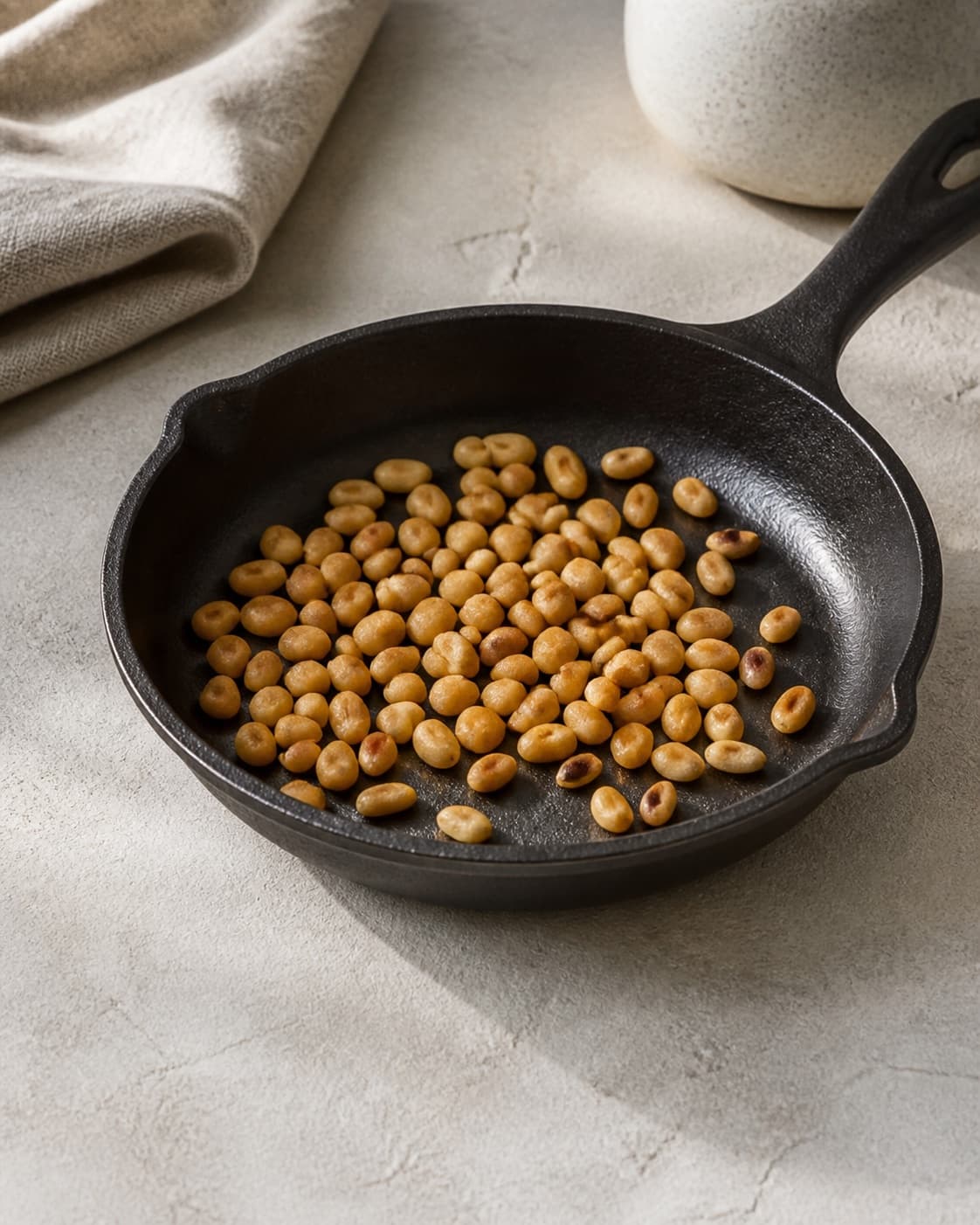 One small dry skillet holding evenly golden toasted pine nuts, no meat squash herbs dressing or extra ingredients under tilberedningen af farserede squash med bulgur
