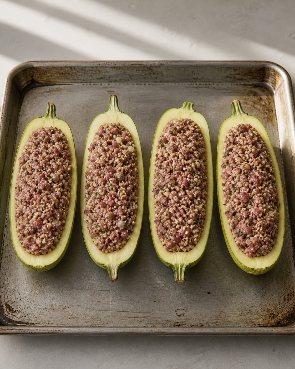 Exactly four raw hollowed squash boats filled evenly with minced-lamb mixture on one baking tray, all four visible, no dressing garnish or extra squash under tilberedningen af farserede squash med bulgur