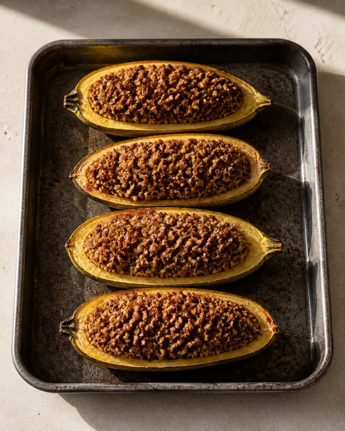 Exactly four baked squash boats with browned fully cooked lamb filling on one baking tray, all four visible, no dressing pomegranate or herbs under tilberedningen af farserede squash med bulgur