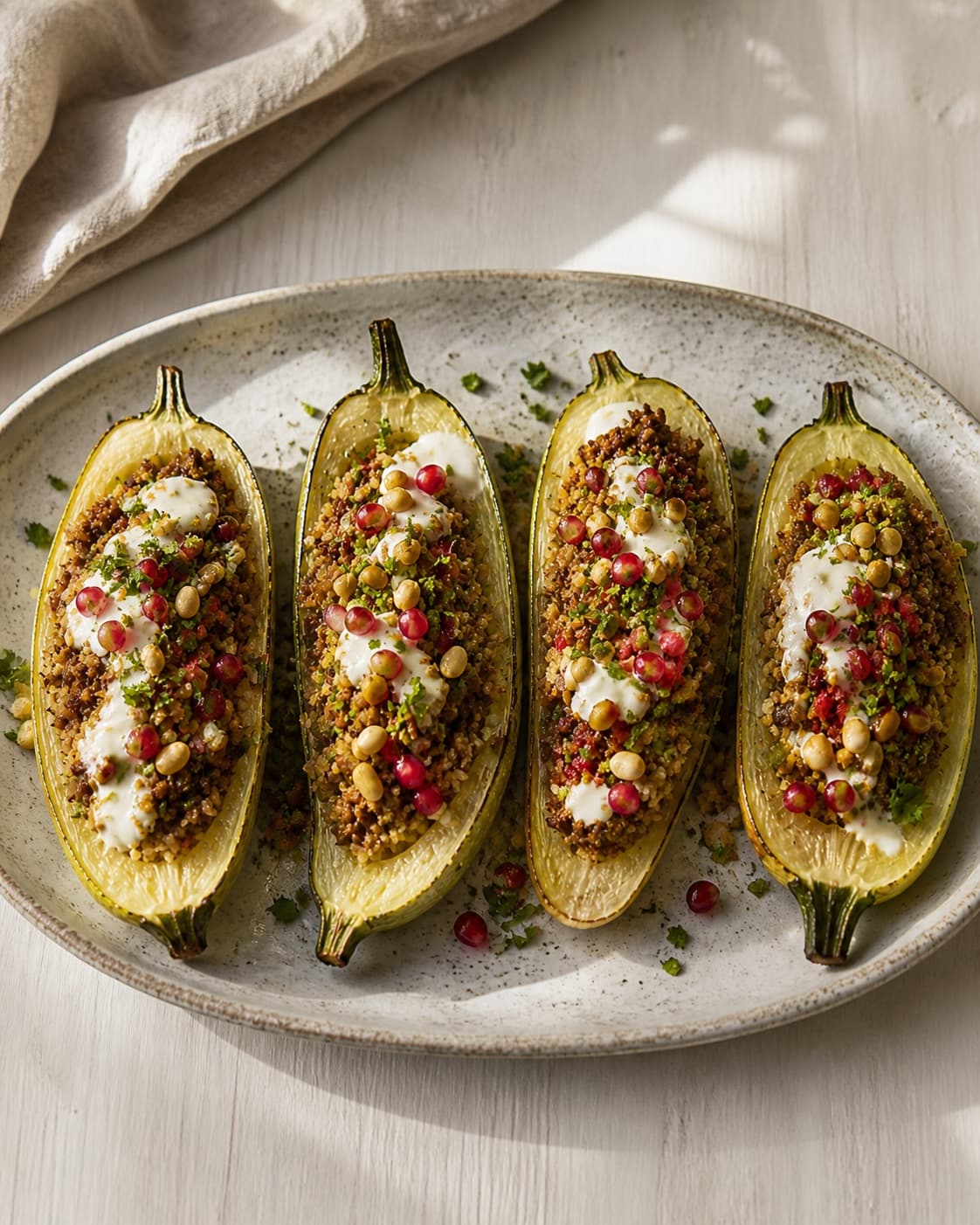 Exactly four finished stuffed squash boats topped with tahini yogurt, pomegranate seeds, parsley and toasted pine nuts on one platter, all four visible under tilberedningen af farserede squash med bulgur