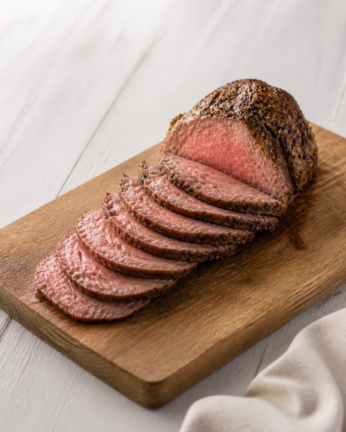 One finished lamb rump sliced across the grain into thin juicy pink slices on one board, no side dishes sauce or extra meat under tilberedningen af lammeculotte