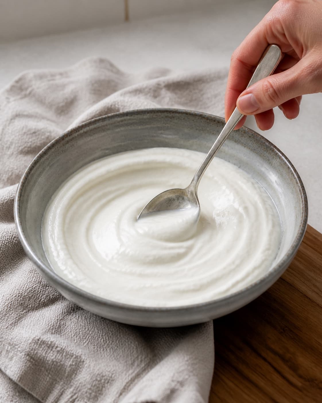 One bowl of smooth white salted yogurt, no filter glass herbs oil or extra ingredients under tilberedningen af labneh - mellemøstlig friskost