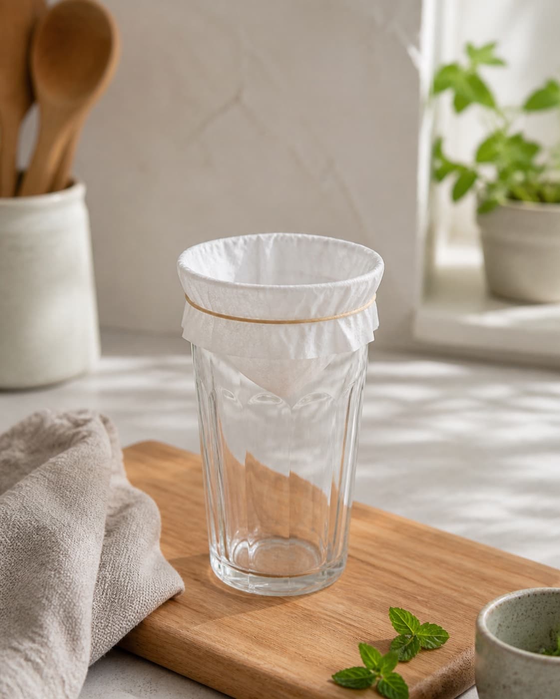 One tall clean glass with one empty coffee filter securely fixed over the rim by an elastic band, no yogurt or liquid under tilberedningen af labneh - mellemøstlig friskost