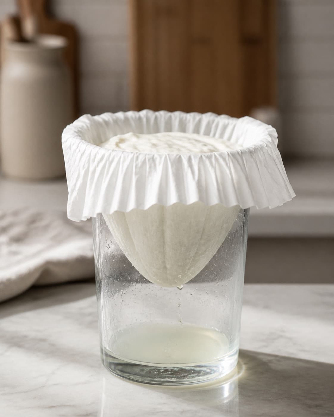 One glass with a coffee filter filled with white yogurt and first drops of clear whey collecting below, no herbs oil or serving bowl under tilberedningen af labneh - mellemøstlig friskost