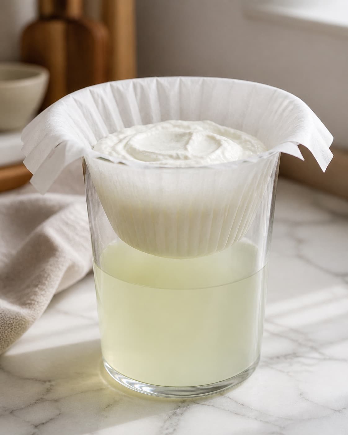 One chilled glass with thick firm white labneh in the coffee filter and clearly separated transparent whey collected below, no garnish under tilberedningen af labneh - mellemøstlig friskost