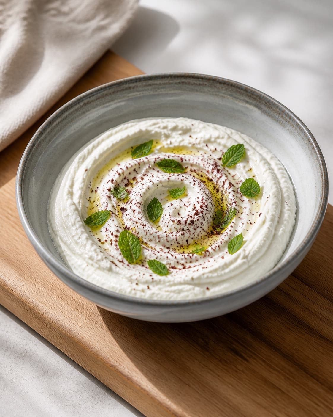 One small serving bowl of thick creamy white labneh lightly topped with sumac, mint and olive oil, no filter glass whey or extra bowls under tilberedningen af labneh - mellemøstlig friskost