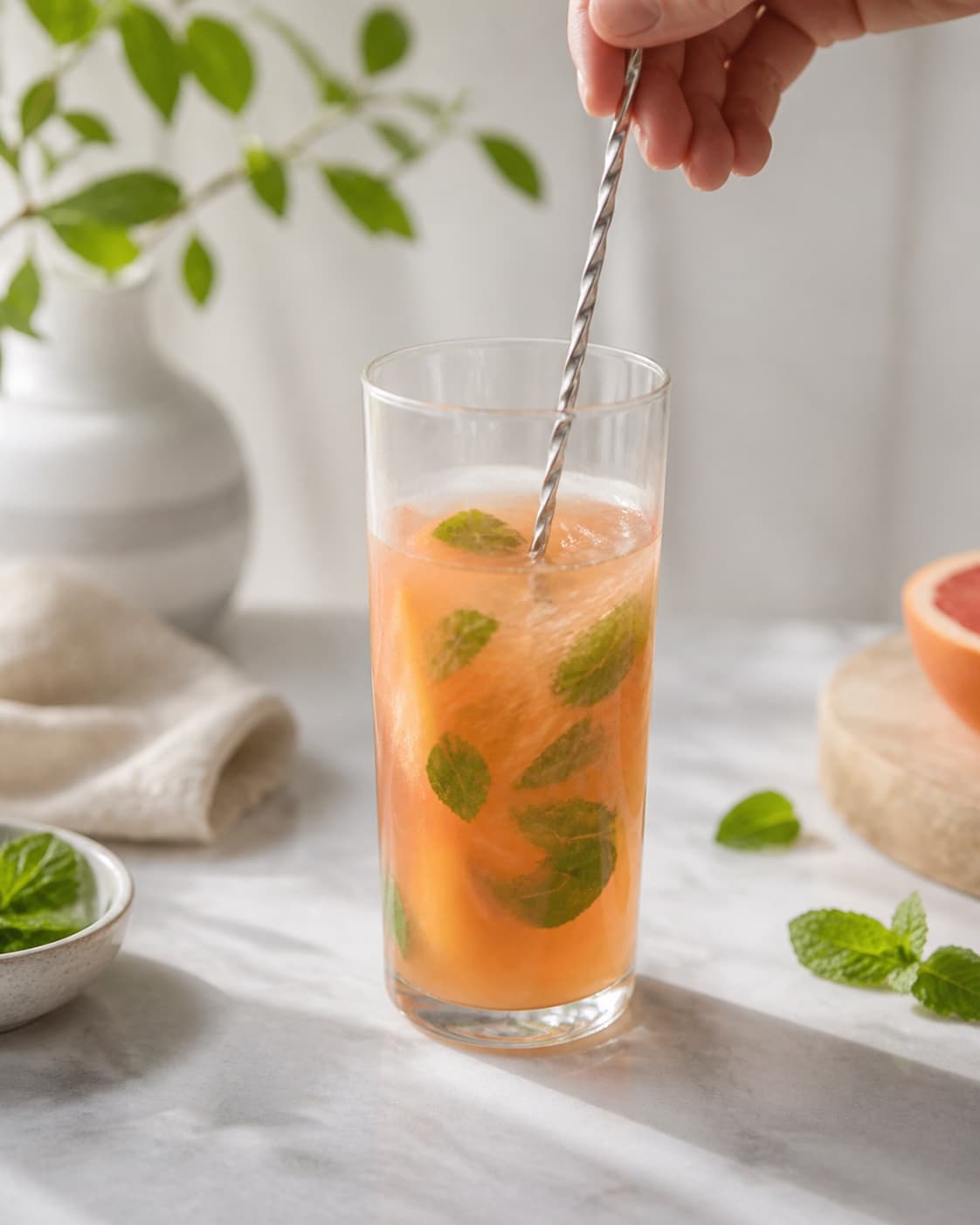 One tall cocktail glass holding a pink-gold mixture of grapefruit and pineapple juices with mint, no ice sparkling water garnish or extra glasses under tilberedningen af summer breeze cocktail