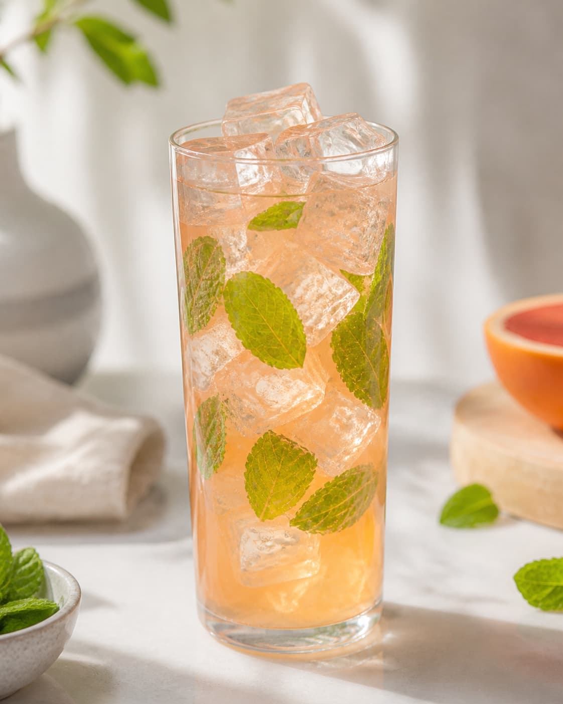 One tall cocktail glass packed completely with large clear ice cubes in pink-gold fruit drink with visible mint, no sparkling bubbles garnish or extra glass under tilberedningen af summer breeze cocktail