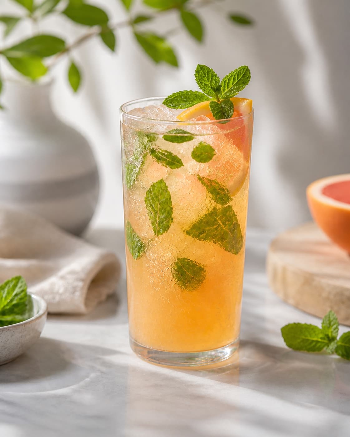 One finished tall glass of pink-gold Summer Breeze cocktail with fine bubbles, abundant ice and fresh mint leaves, no straw bottles text or extra glasses under tilberedningen af summer breeze cocktail