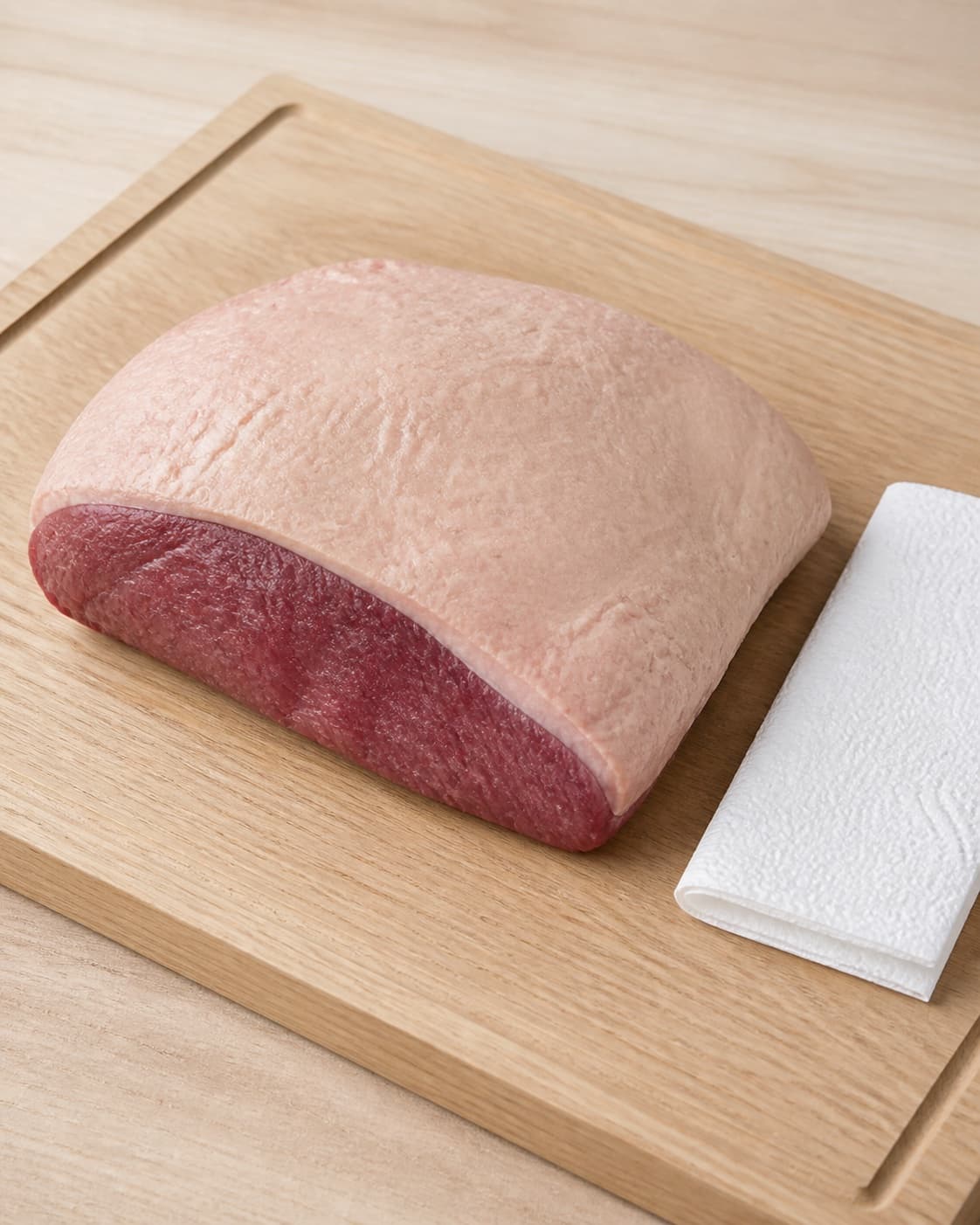 One whole raw beef rump cap with a completely dry pale fat cap on one clean cutting board, no herbs seasoning sides or extra meat under tilberedningen af culottesteg med rosmarin og hvidløg