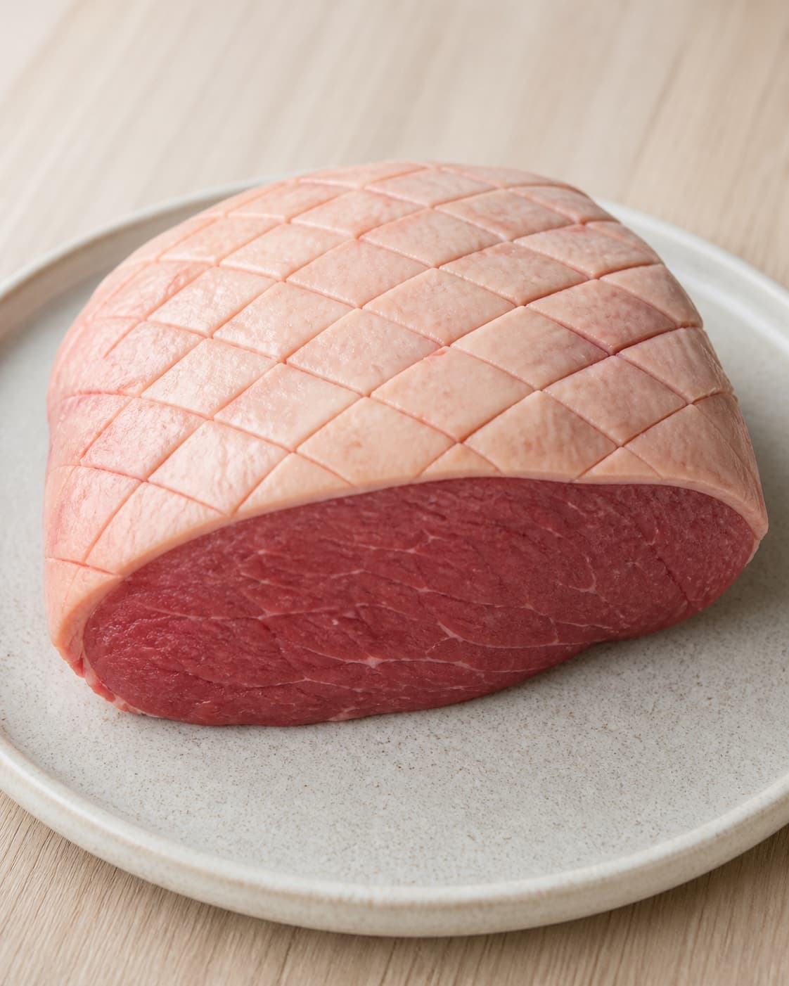 One raw trimmed beef rump cap with the fat cap precisely scored in a diamond pattern, no cuts into meat, no seasoning sides or extra objects under tilberedningen af culottesteg med rosmarin og hvidløg