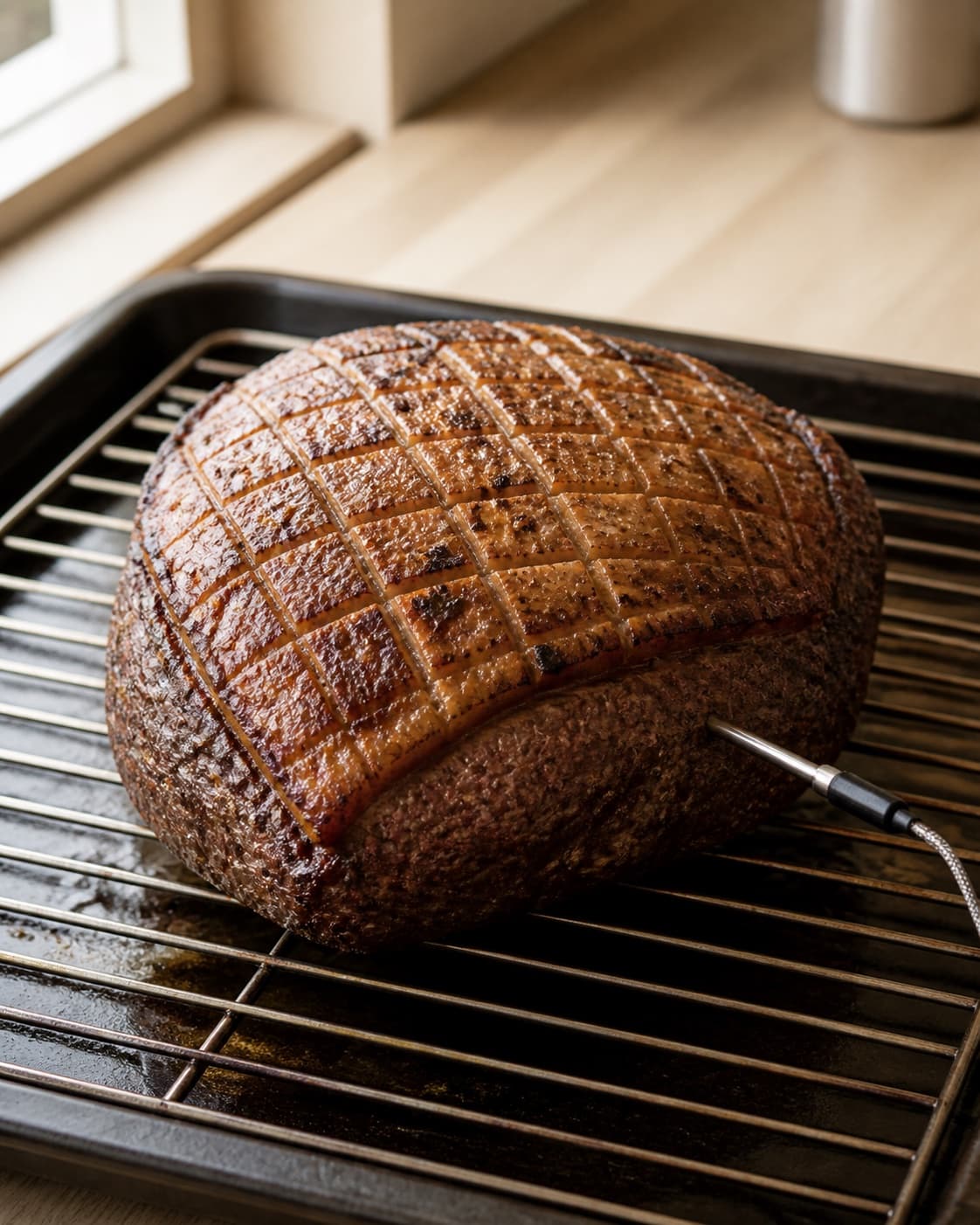 One browned whole beef rump cap with crisp scored fat cap on an oven rack and thermometer inserted into the thickest centre, no slices sides or garnish under tilberedningen af culottesteg med rosmarin og hvidløg