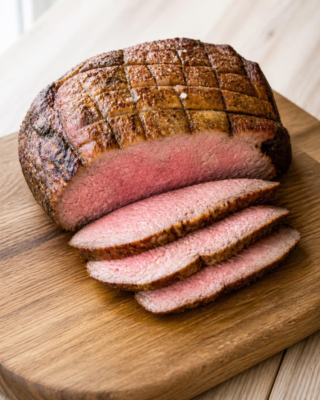 One finished beef rump cap with crisp fat cap and several juicy pink slices cut across changing grain on one carving board, no sides sauce or garnish under tilberedningen af culottesteg med rosmarin og hvidløg