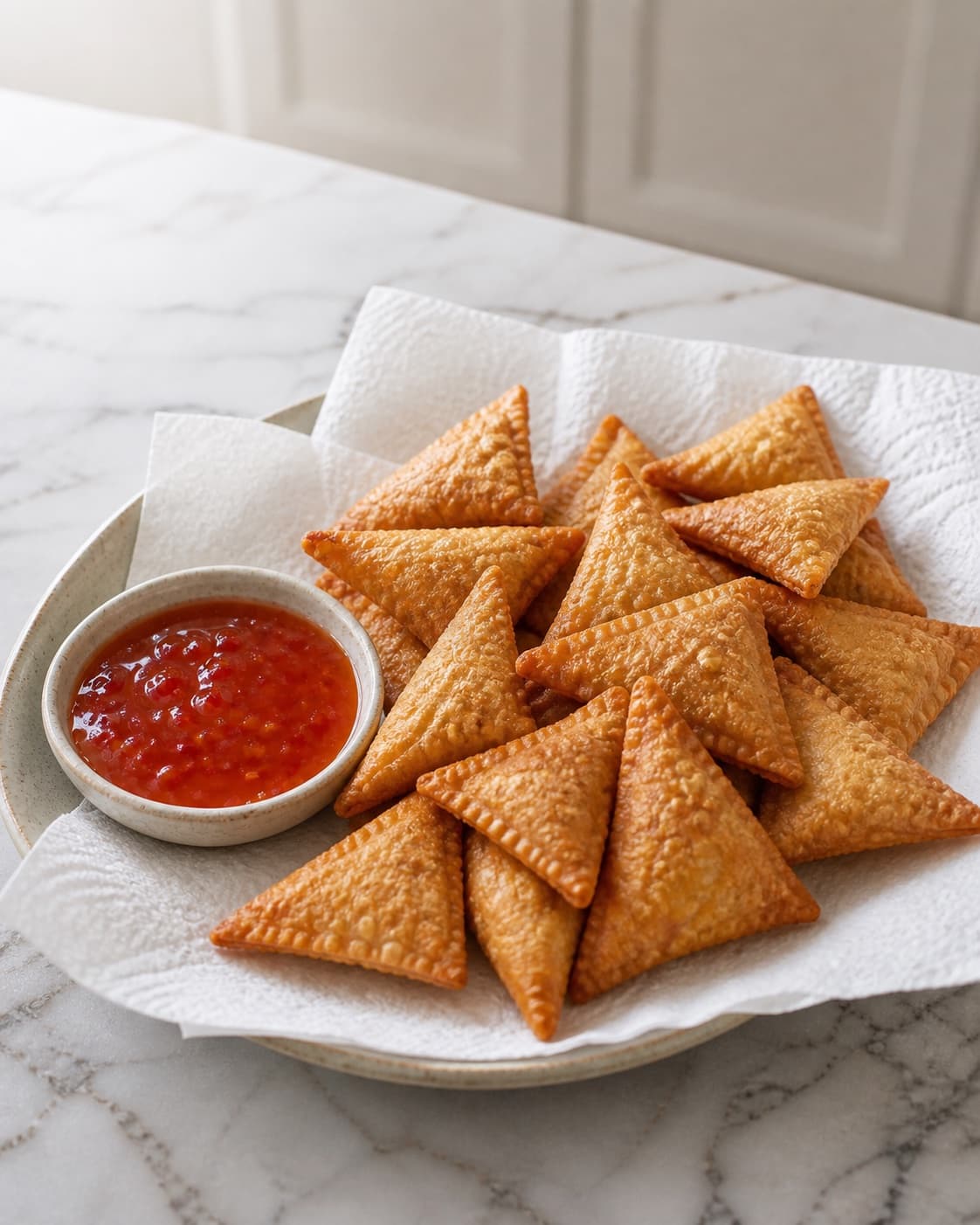 One serving platter of evenly golden crisp fried wontons draining on paper towel beside one small bowl of sweet chilli sauce, no raw parcels oil pot or extra dishes under tilberedningen af sprøde wontons