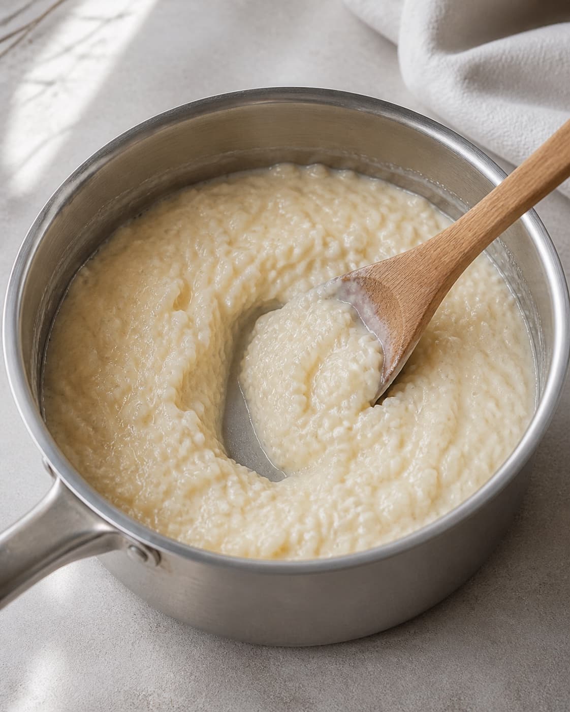 One saucepan holding loose creamy vanilla rice pudding with distinct tender rice grains, no pastry custard forms or garnish under tilberedningen af toscana ristærter