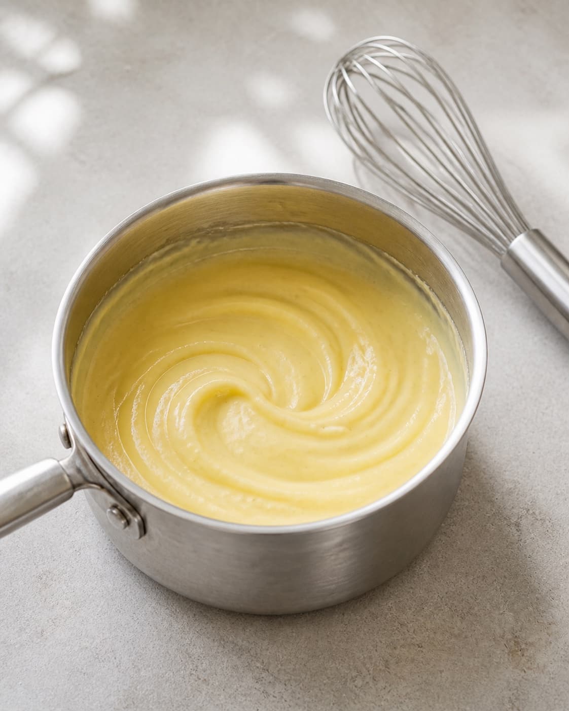 One small saucepan holding thick smooth pale-yellow vanilla custard that retains a clear whisk trail, no rice pastry forms or garnish under tilberedningen af toscana ristærter