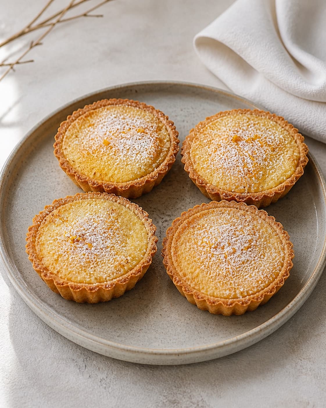 Exactly four finished small golden rice tarts lightly dusted with powdered sugar on one serving platter, no extra cakes fruit garnish or text under tilberedningen af toscana ristærter