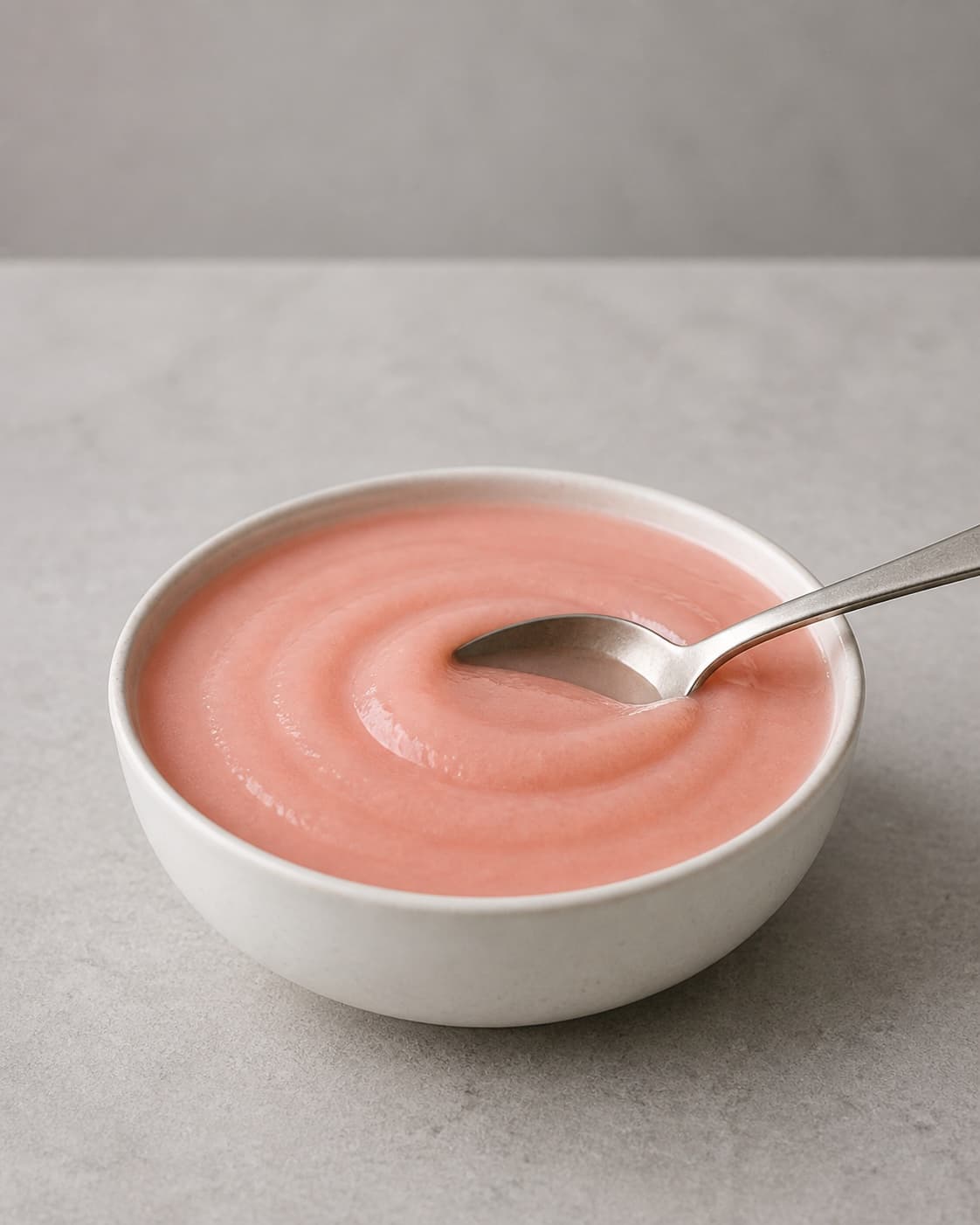 One small bowl of completely smooth chilled pink rhubarb puree with a spoon leaving a soft trail, no alcohol basil ice or glasses under tilberedningen af rabarber-hyldeblomstcocktail med basilikum