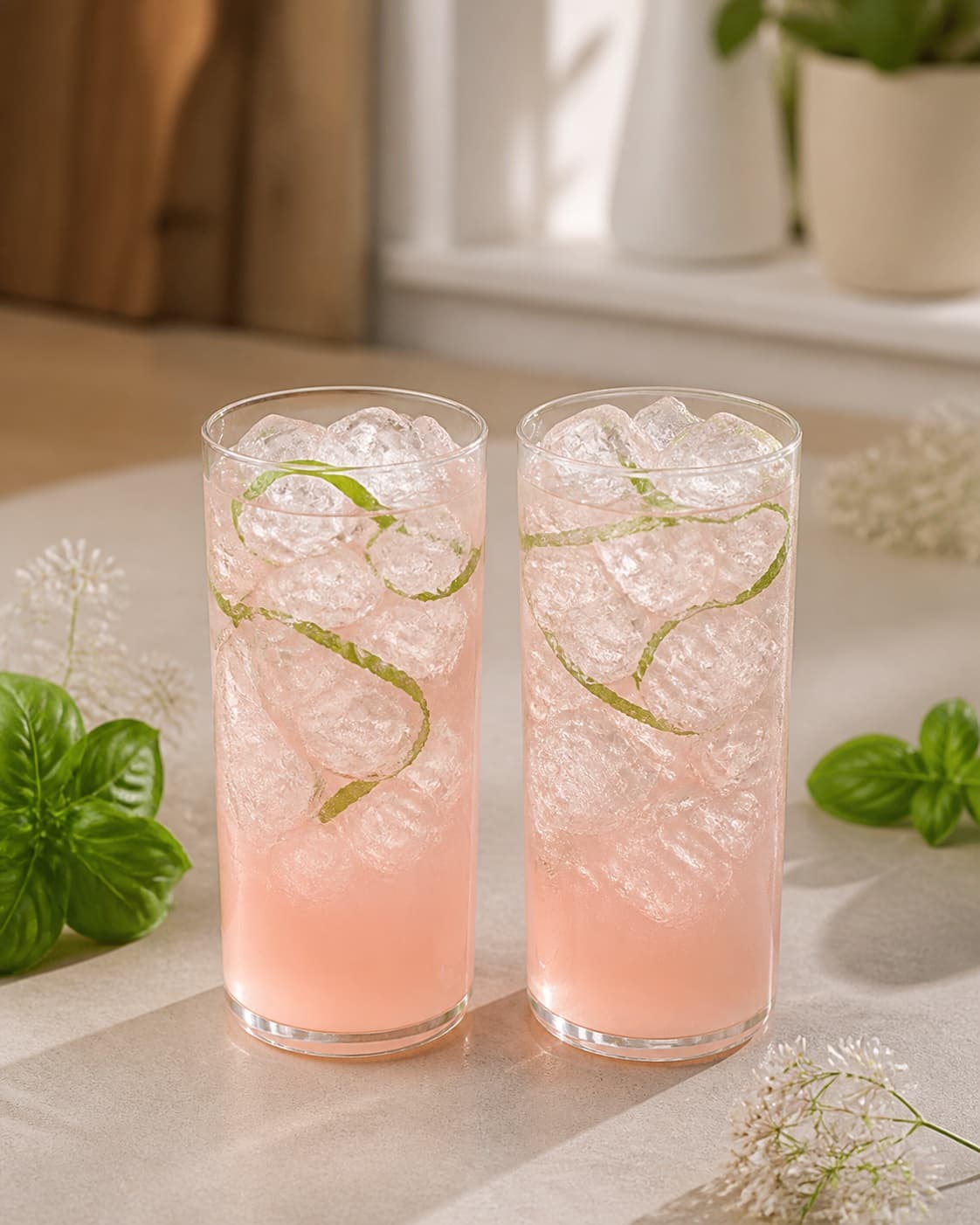 Exactly two tall glasses holding equal pink rhubarb drink with thin basil ribbons and abundant ice, no bubbles garnish straws or extra glasses under tilberedningen af rabarber-hyldeblomstcocktail med basilikum