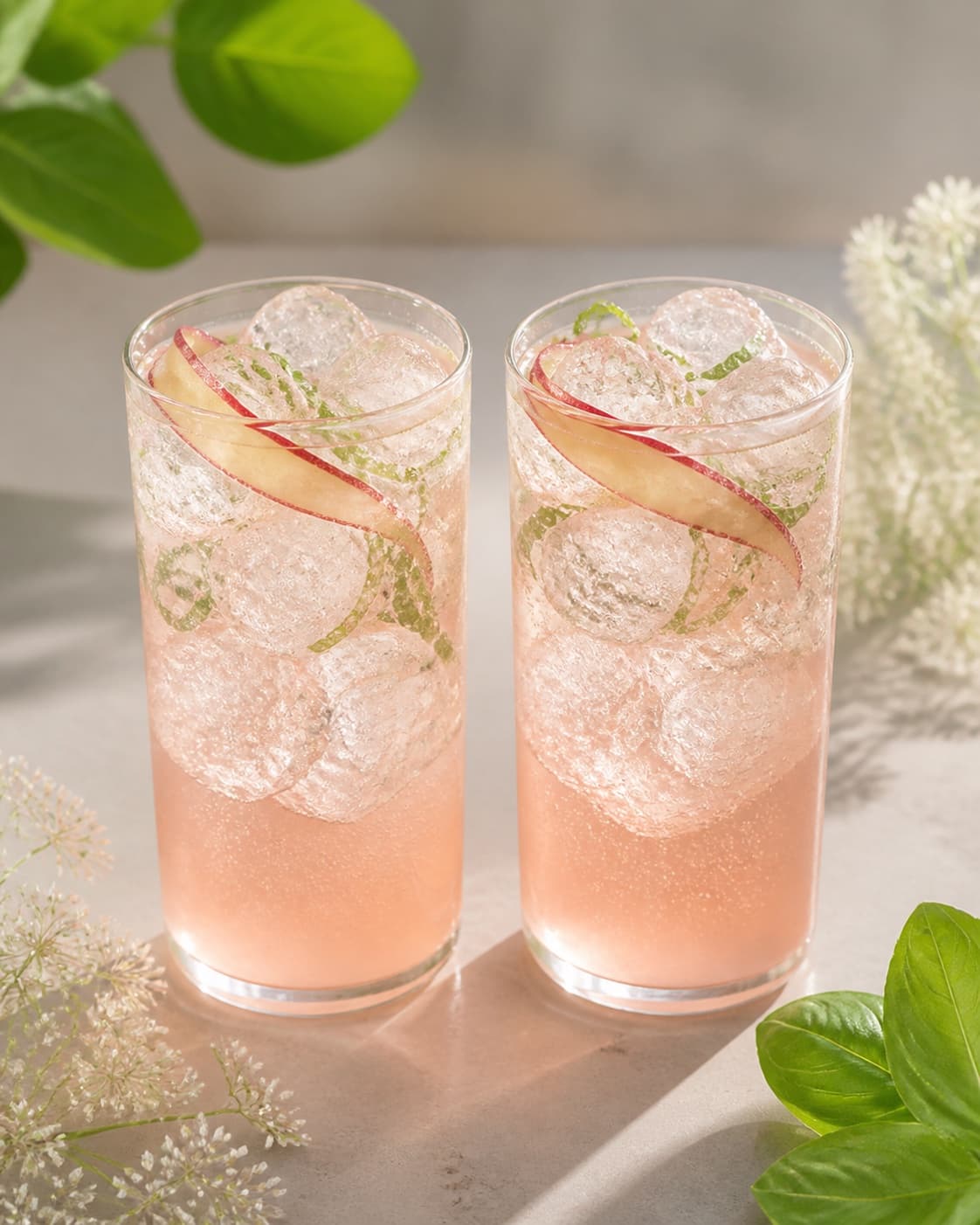 Exactly two finished tall pink cocktails with fine bubbles basil ice and one thin rhubarb ribbon in each glass, no straws bottles text or extra glasses under tilberedningen af rabarber-hyldeblomstcocktail med basilikum