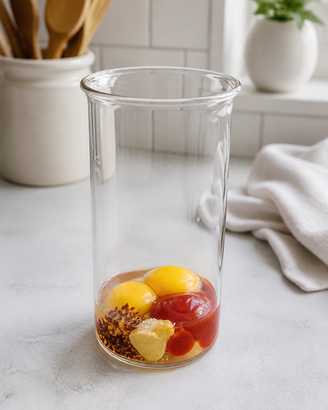 One narrow blender beaker holding visibly separate egg yolks, red sriracha, ketchup, Dijon, chilli, lemon and salt, no oil mayonnaise or extra bowls under tilberedningen af chilimayo