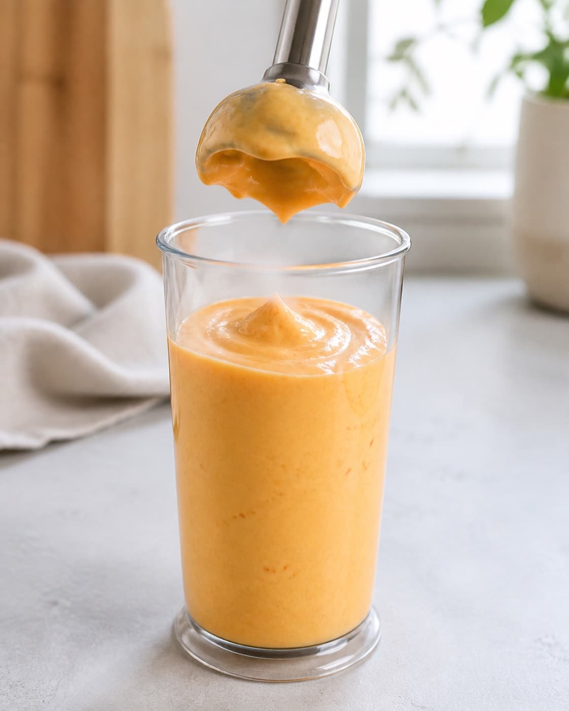 One blender beaker holding completely thick smooth orange chilli mayonnaise with soft peaks and no free oil layer, no serving bowl garnish or extra food under tilberedningen af chilimayo