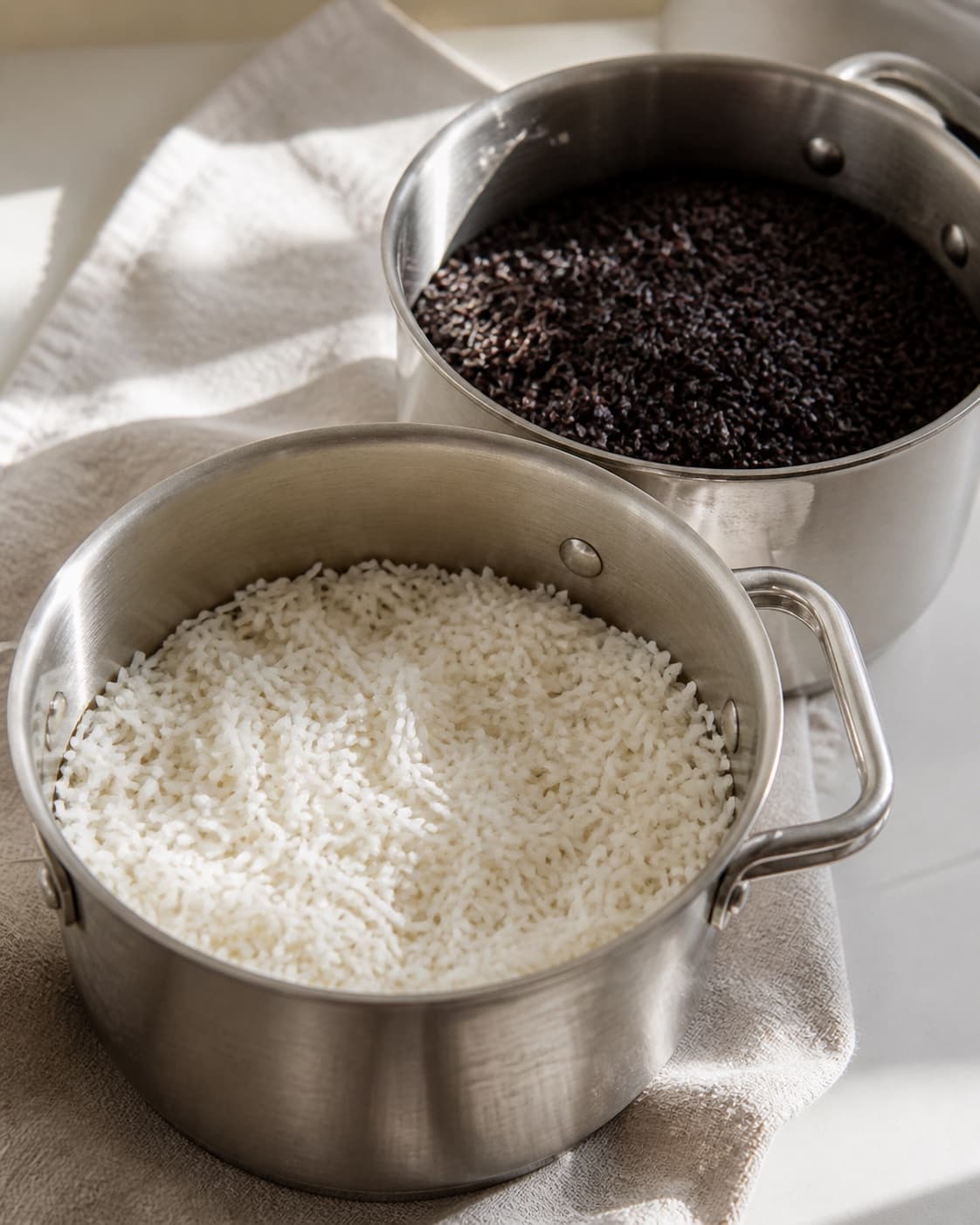 Two saucepans side by side, one holding fluffy white basmati rice and one tender black rice, no spices nuts herbs or extra ingredients under tilberedningen af indiske ris