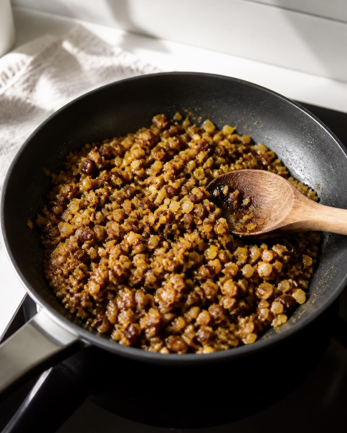 One skillet holding golden onion, finely chopped dates and a vivid yellow-brown spice coating, no rice cashews coriander or extra food under tilberedningen af indiske ris