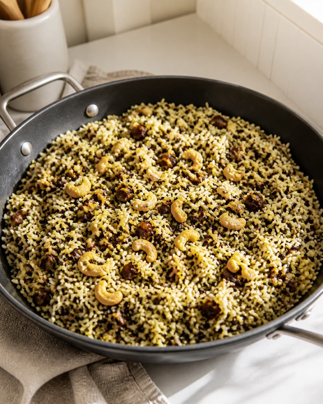 One large skillet holding a thoroughly heated mixture of white and black rice, golden spices, dates and cashews, no coriander garnish or side dishes under tilberedningen af indiske ris