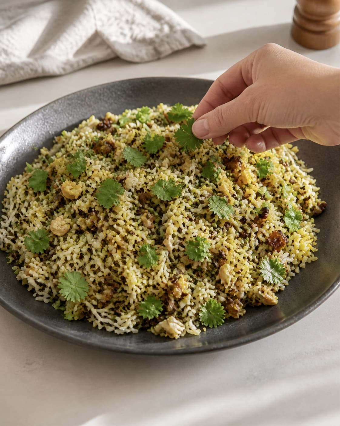 One finished wide platter of Indian spiced rice with distinct white and black grains, dates, cashews and fresh green coriander, no curry bowls naan or extra dishes under tilberedningen af indiske ris