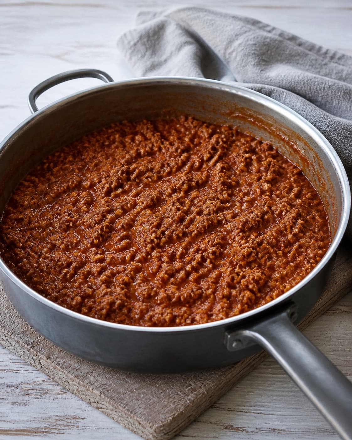 One saucepan holding thick red-brown meat sauce with fully cooked crumbled beef, no potatoes aubergine white sauce cheese or garnish under tilberedningen af moussaka med kartofler og aubergine