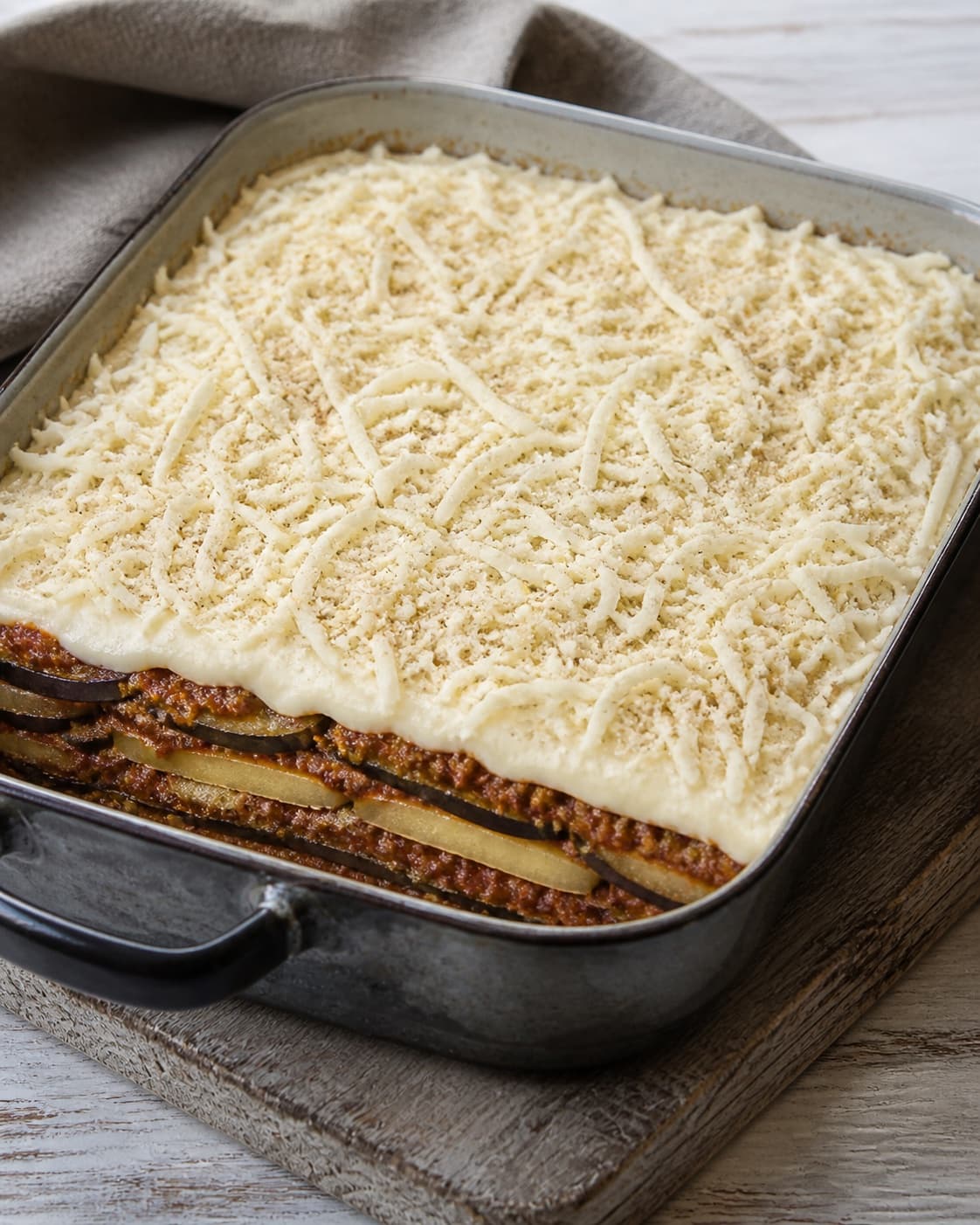 One unbaked casserole dish with visible layers of potato aubergine meat sauce and white Mornay, evenly topped with mozzarella and breadcrumbs, no baked browning or side dishes under tilberedningen af moussaka med kartofler og aubergine
